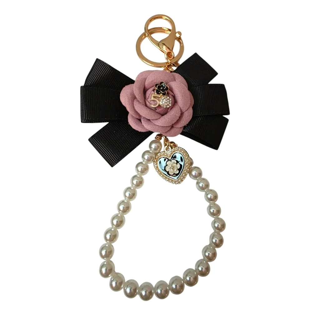 Large Light Pink And Black Bow Heart With Pearls Purse Charm Keychain